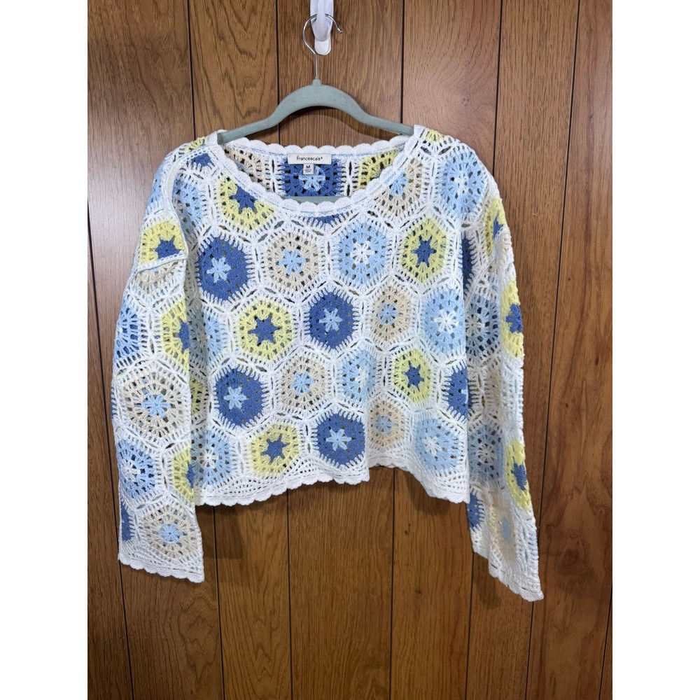 Francescas Crochet Granny Square Sweater Blue Yellow White Floral Boho Medium